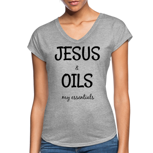 Essentially Me "Jesus & Oils" Women's Tri-Blend V-Neck T-Shirt - heather gray